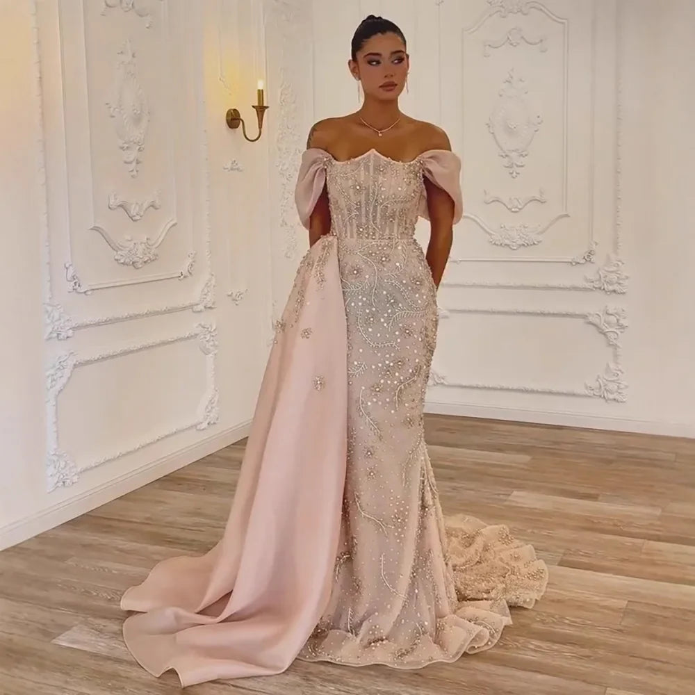 Luxury Nude Off Shoulder Pearl Beaded Mermaid Evening Dress with Overskirt LA73109