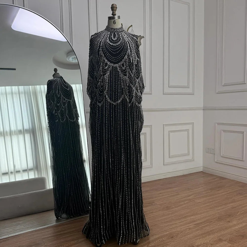 Luxury Silver Nude Beaded Mermaid Evening Dress with Cape LA72484A