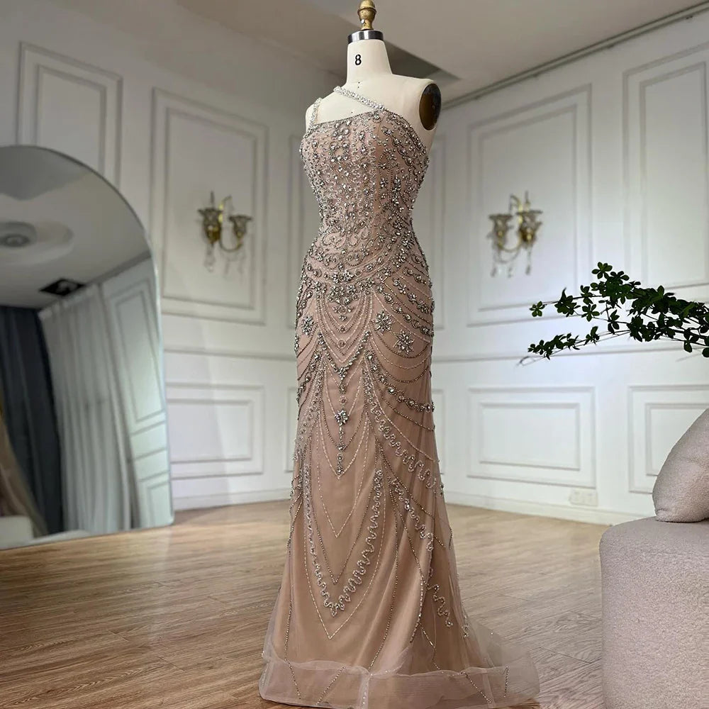 Luxury Dubai Elegant Nude One Shoulder Beaded Evening Dresses Gowns for Formal Occasion LA72791