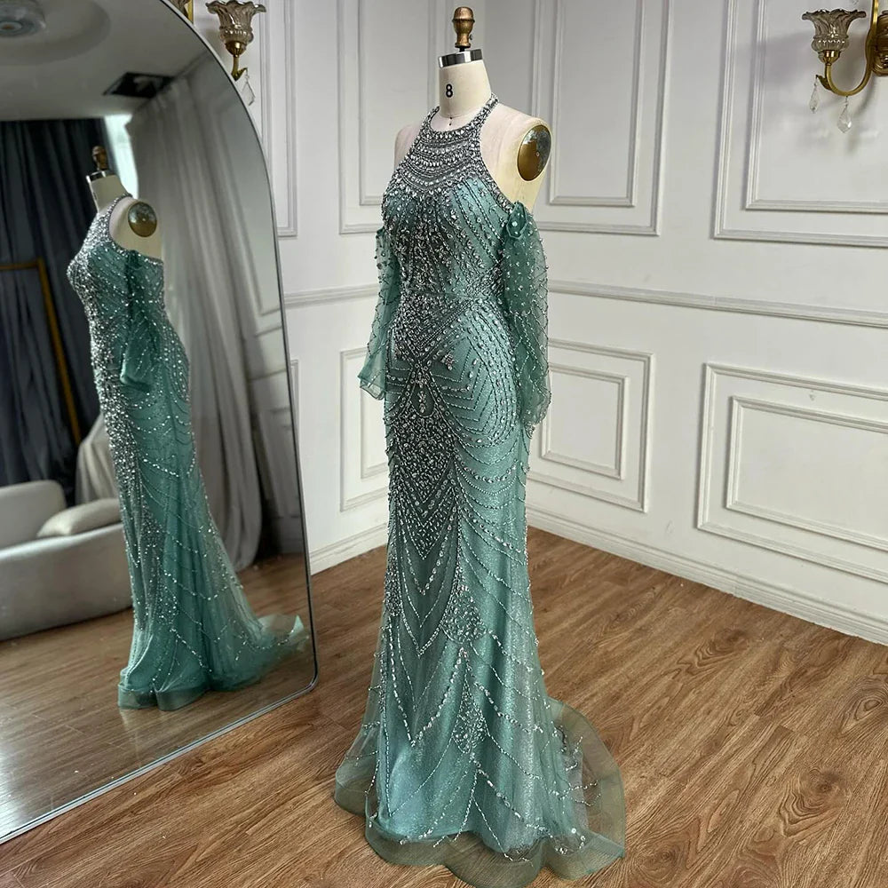 Luxury Turquoise Mermaid Evening Dress Detachable Sleeves LA72925