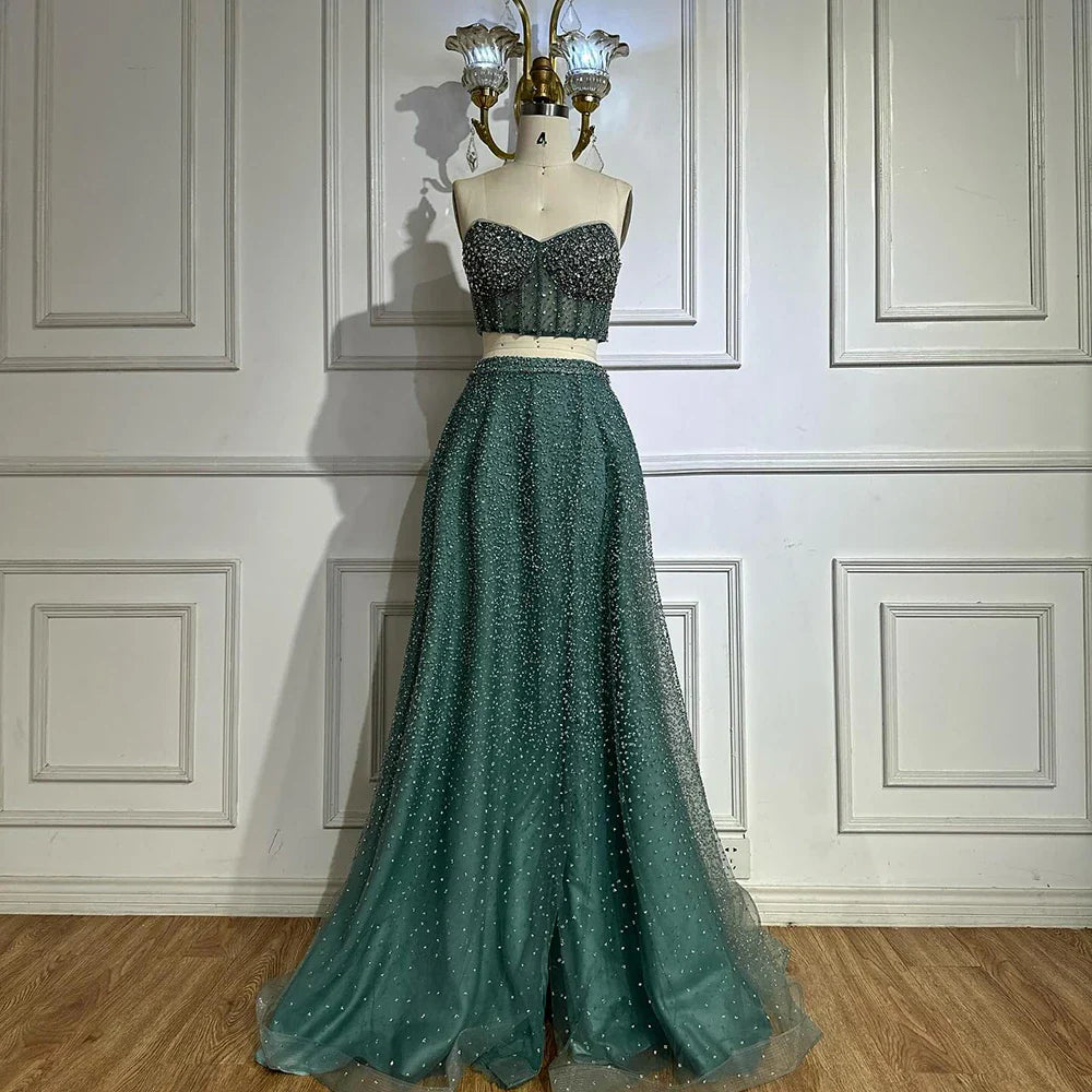Luxury Dubai Customize Saudi Turquoise Two-Piece Evening Dress with High Split for Formal Occasion LA72786
