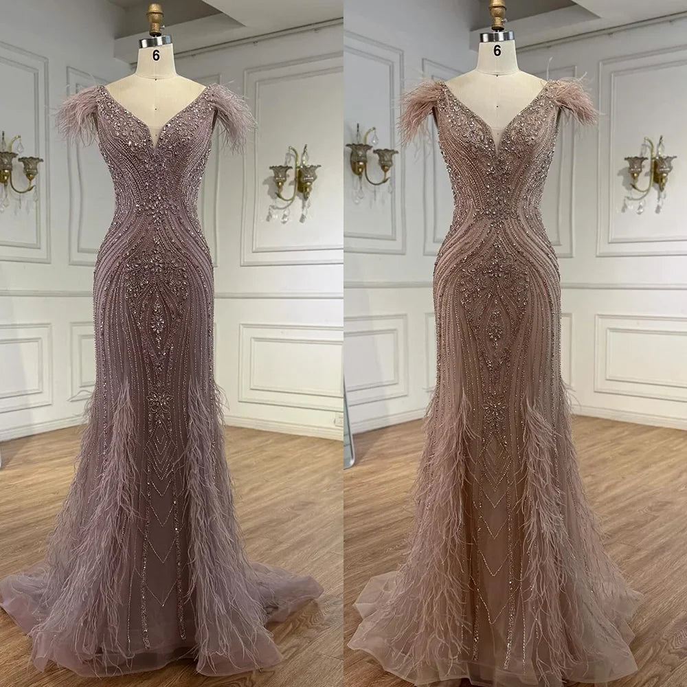 Luxury Designer Pink Feather Beaded Mermaid Evening Dress LA73098