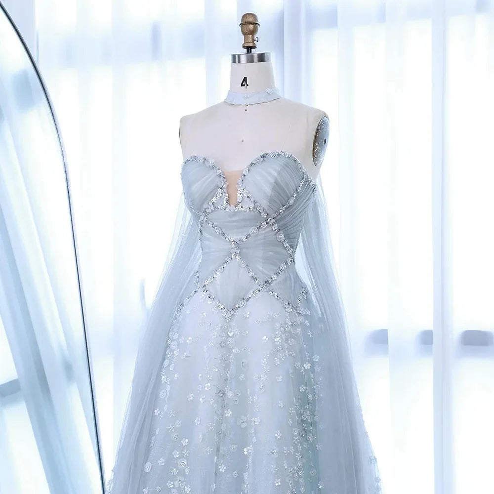 Luxury Dubai Arabic Light Blue Dreamy A-Line Evening Dress LA73099