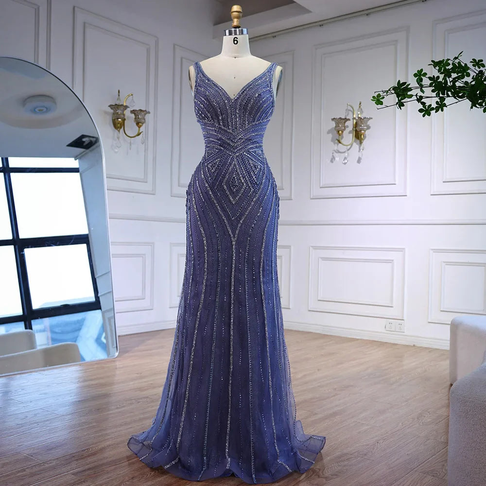 V Neck Beaded Sleeveless Mermaid Evening Dress LA73013