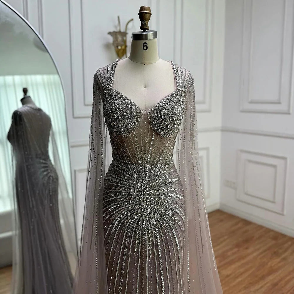Luxury Nude Beaded Evening Dress with Cape Sleeves LA72575C