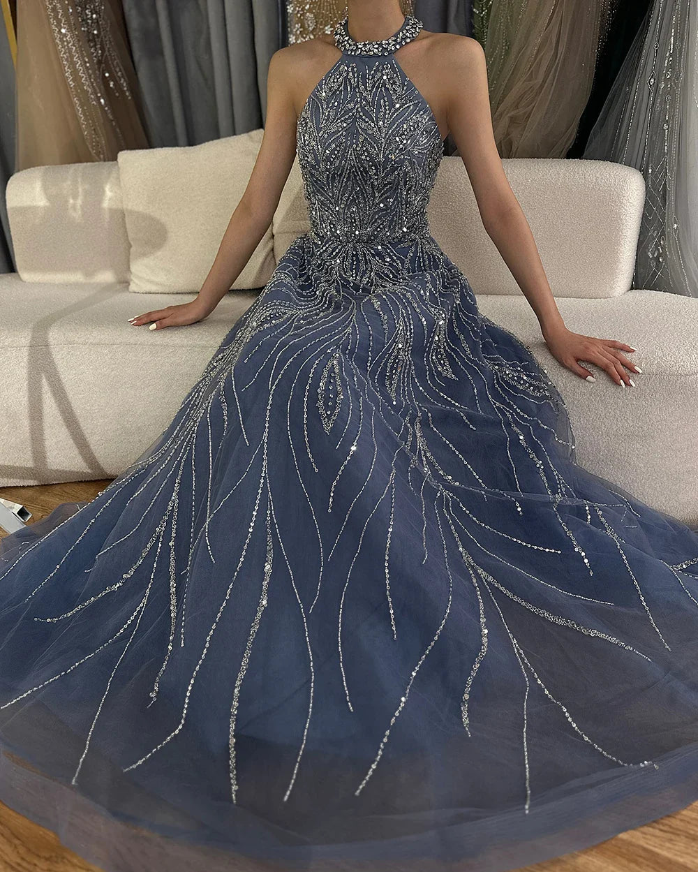 Serene Hill Elegant Blue Arabic A-line Halter Gown Luxury Dubai Evening Dress for Women Wedding Party 2025 LA72302