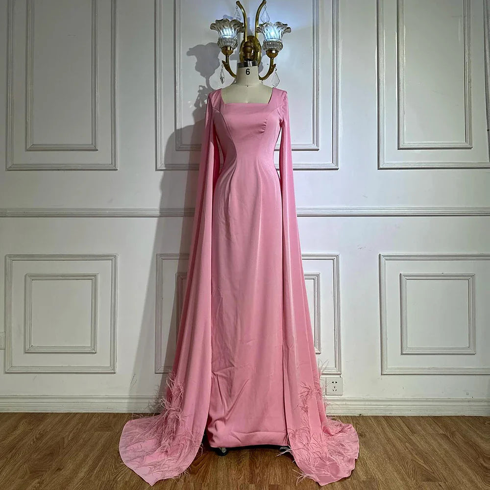 Luxury Arabic Pink Mermaid Evening Dress with Feather Cape LA72855