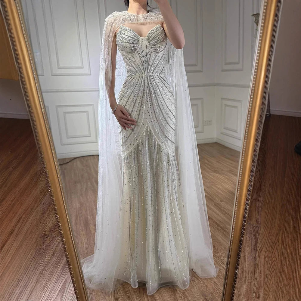 Luxury Blue Beaded Evening Gown with Detachable Cape LA72784