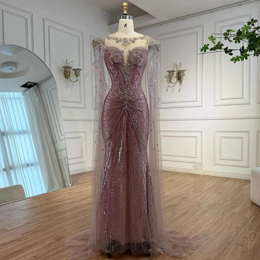 Luxury Pink Beaded Mermaid Evening Dress with Cape LA73106