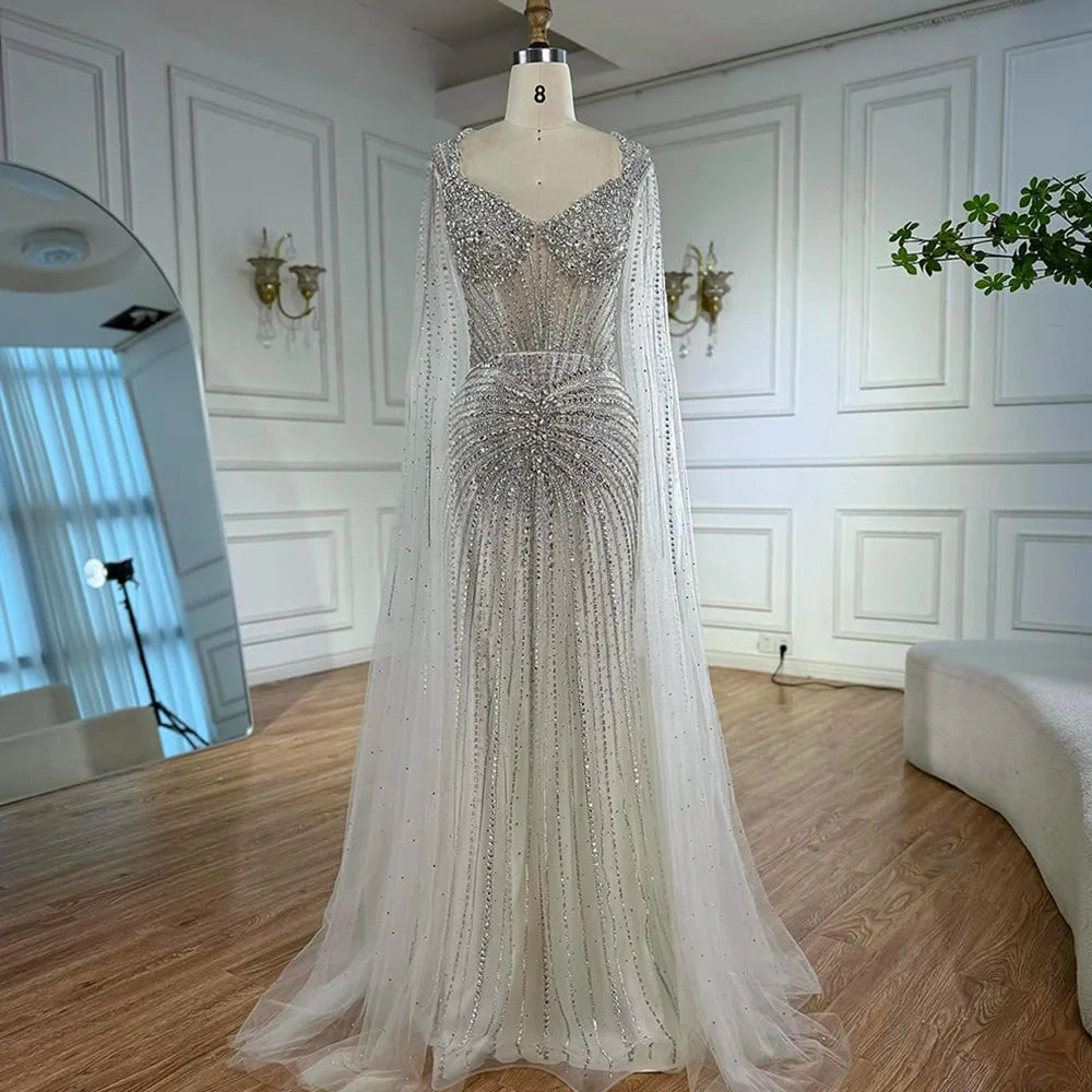 Luxury Nude Beaded Evening Dress with Cape Sleeves LA72575C