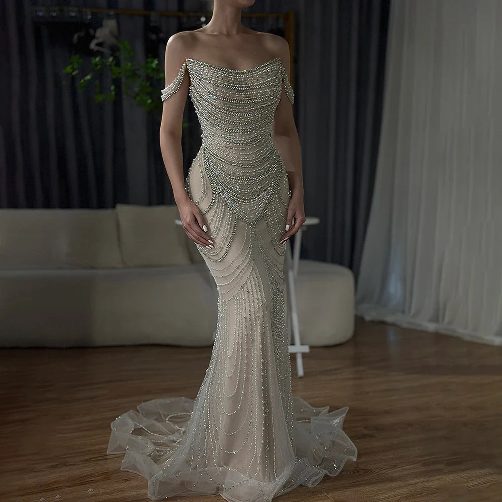 Luxury Crystal Silver Gray Pearl Beaded Evening Dress LA72253