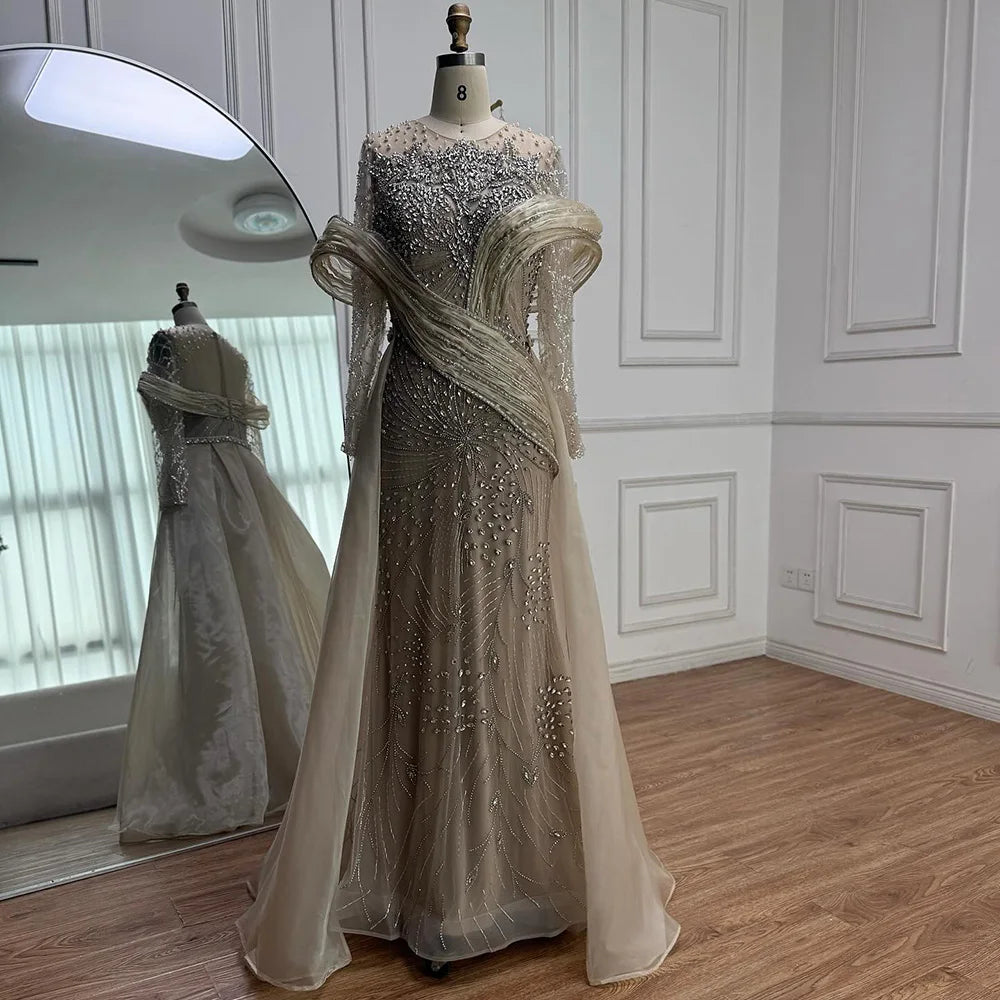 Luxury Nude Beaded Mermaid Evening Dress with Overskirt LA72932