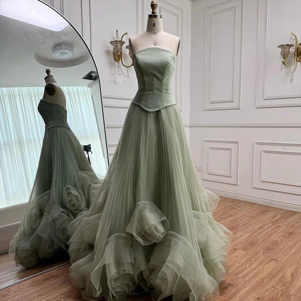 Elegant Sage Green 3D Flowers A Line Evening Dresses Gowns LA72913