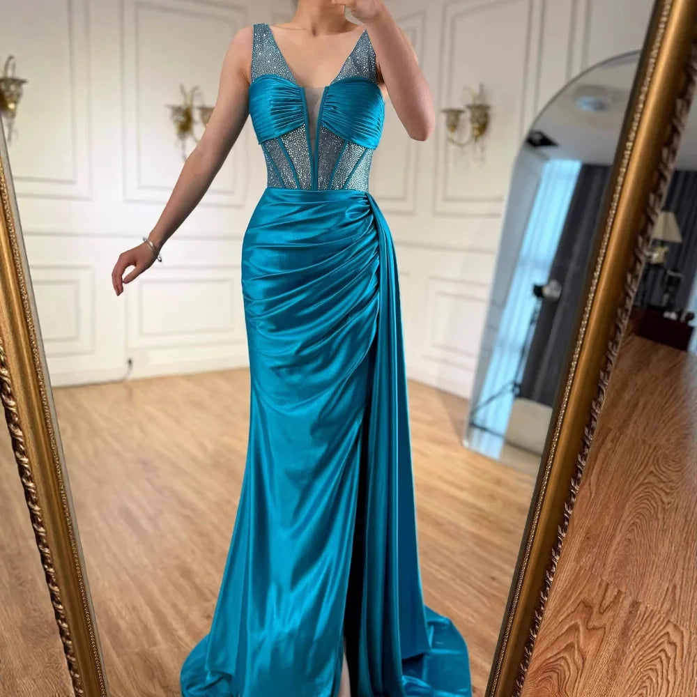 Corset Blue Prom Dress with Side Overskirt Spaghetti Straps LA73011