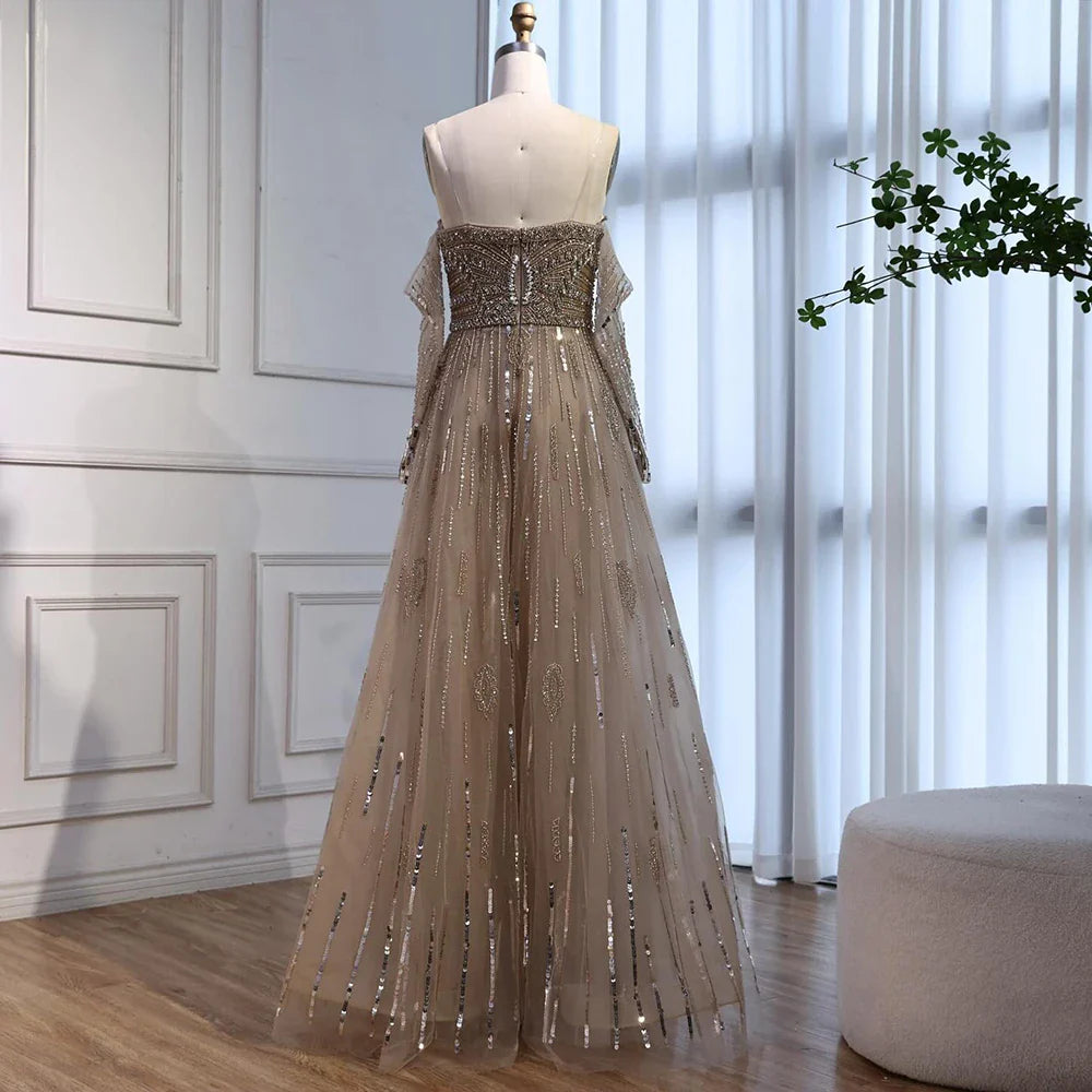 Luxury Caramel Crystal Beaded Strapless Long Sleeve Mermaid Evening Dress LA73130