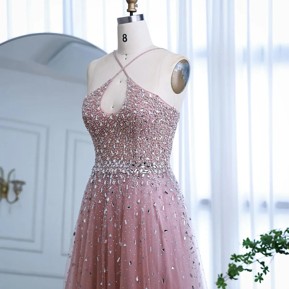 Caramel Halter Beaded Tulle A-Line Evening Gown Dubai Saudi LA72863
