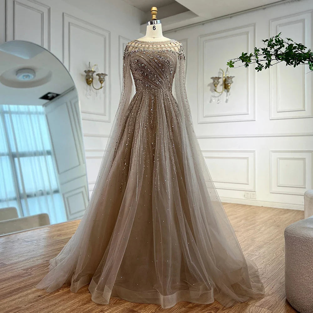 Luxury Caramel Beaded Evening Dress with Cape LA72994