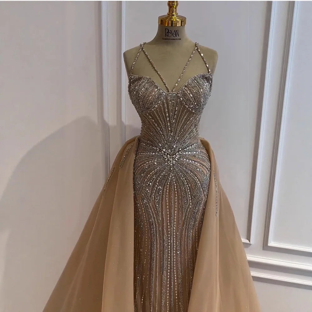 Nude Strapless Beaded Mermaid Evening Dress with Overskirt LA73090