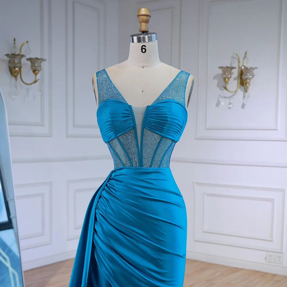 Corset Blue Prom Dress with Side Overskirt Spaghetti Straps LA73011