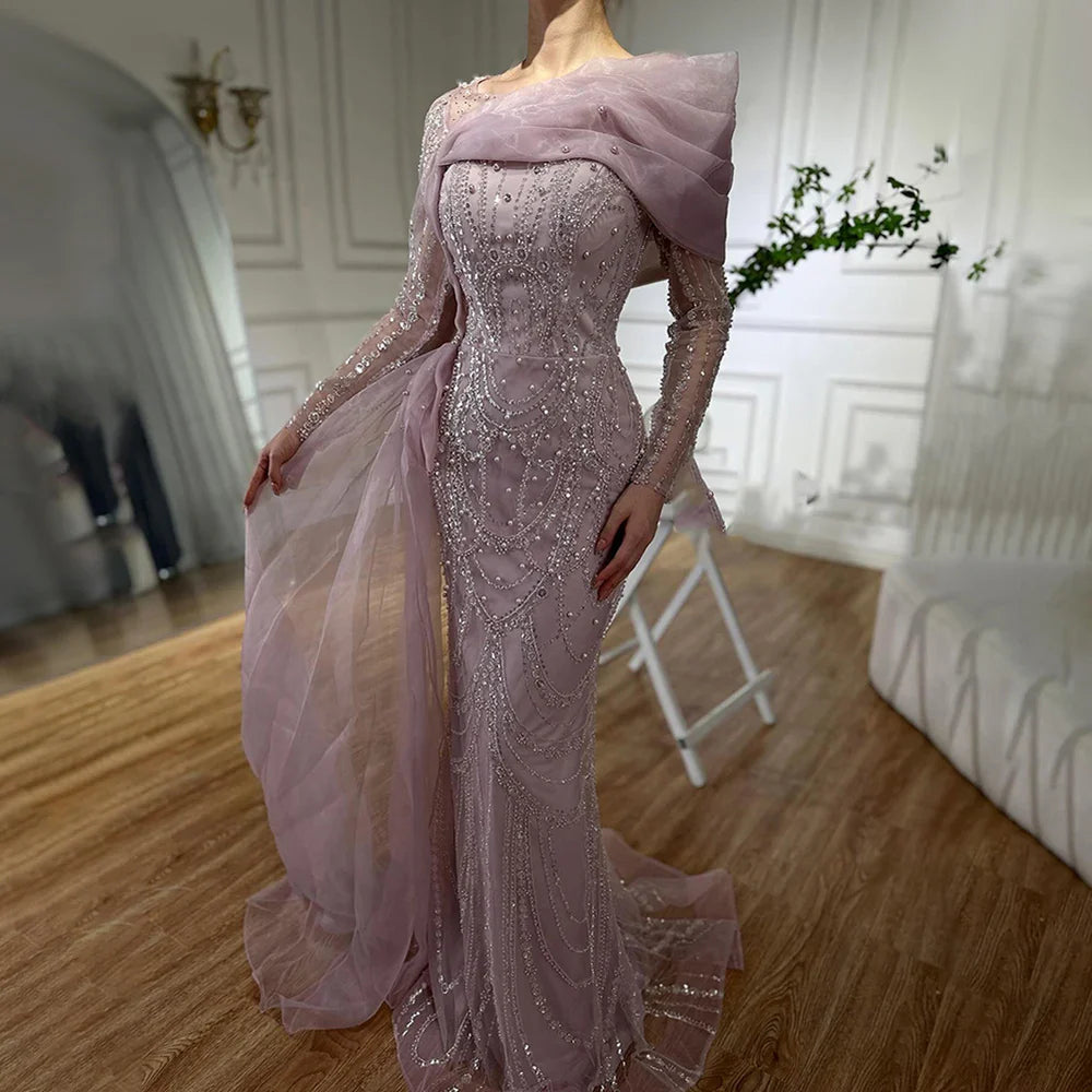 Luxury Pink Beaded Mermaid Evening Dress with Overskirt LA72348A