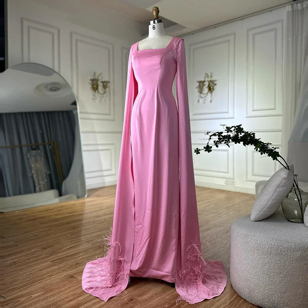 Luxury Arabic Pink Mermaid Evening Dress with Feather Cape LA72855