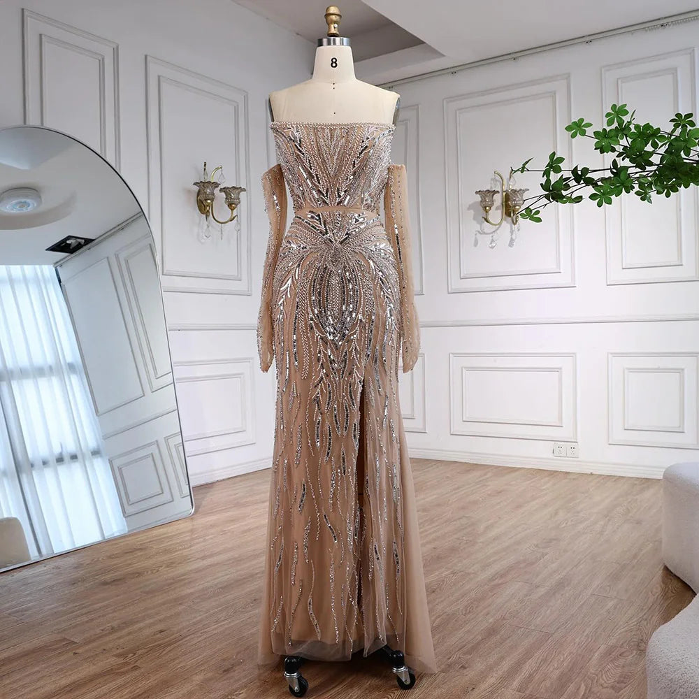 Luxury Wine Red Beaded Evening Dress Gown with Gloves and Overskirt LA72935