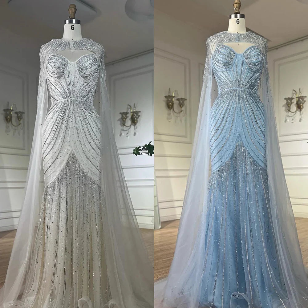 Luxury Dubai Arabic Blue Spaghetti Straps Beaded Evening Gown with Detachable Cape Dress for Formal Occasion LA72784
