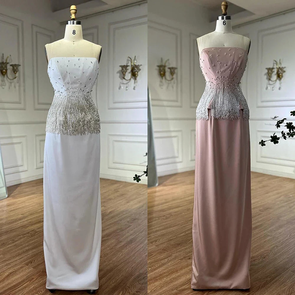 Luxury Dubai Saudi Nude Pink Arabic Mermaid Evening Dresses Gowns Beaded Tassel for Occasion LA72804