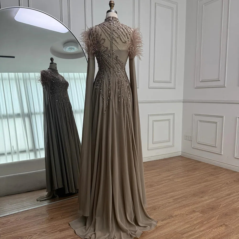 Luxury Pink Feather Beaded Evening Dress with Long Cape Sleeves LA72982