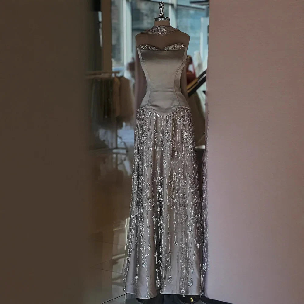 Luxury Sage Green and Pink Arabic Strapless Beaded Evening Dress LA72805D