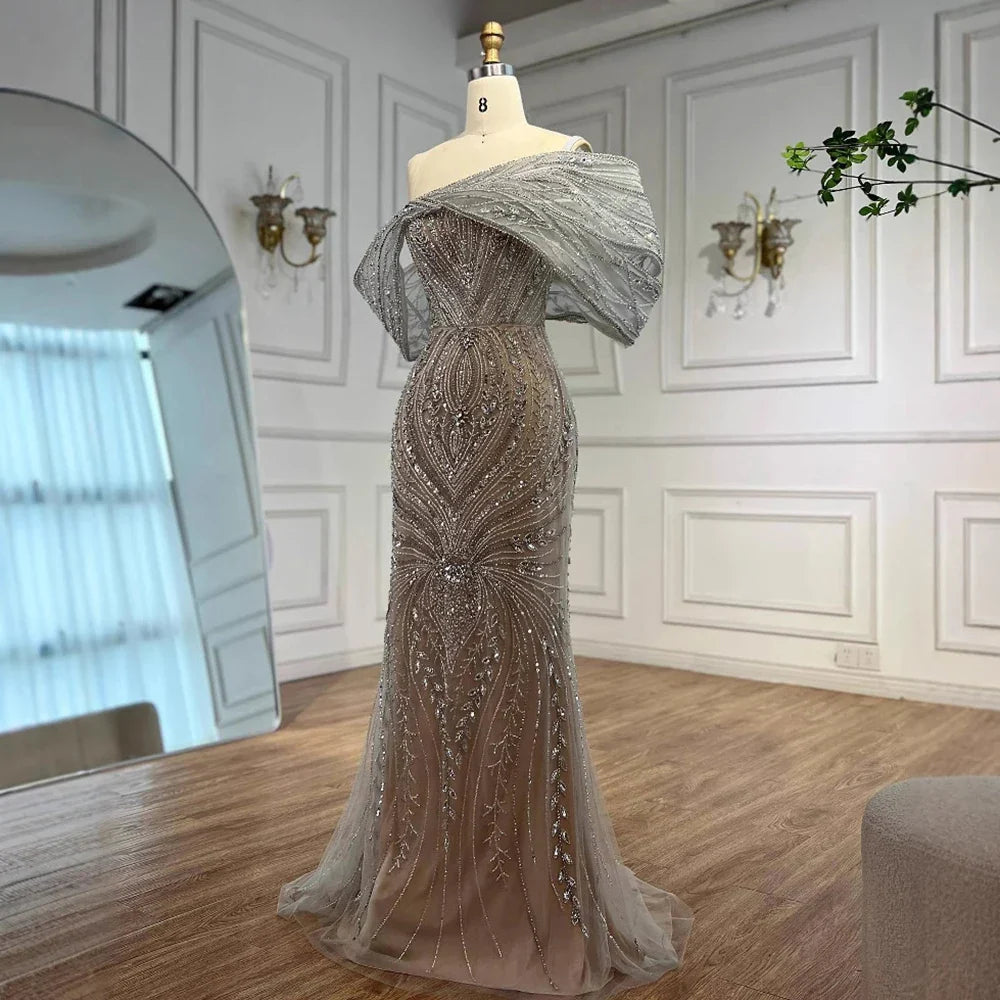 Luxury Silver Nude Off Shoulder Mermaid Evening Dress LA72878