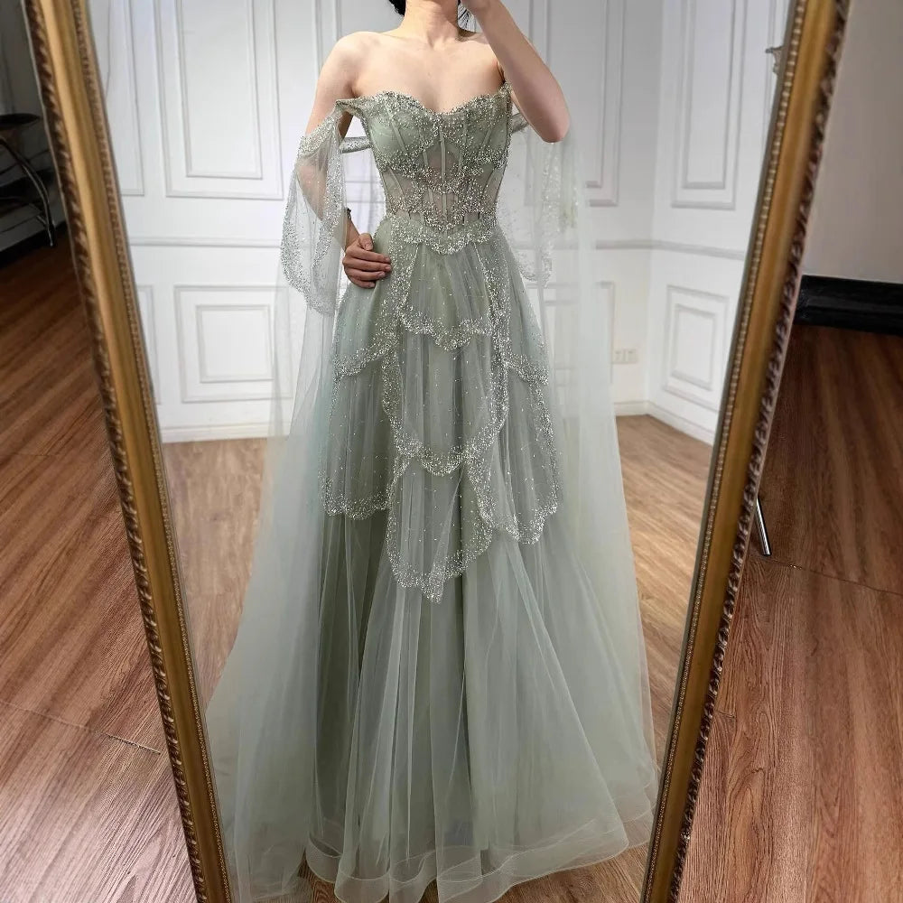 Luxury Arabic Sage Green Beaded A-Line Evening Dress with Cape LA72605A