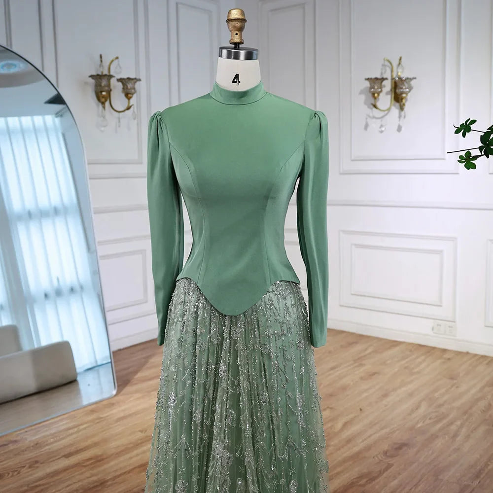 Luxury Sage Green Muslim Beaded Evening Dress LA72805A