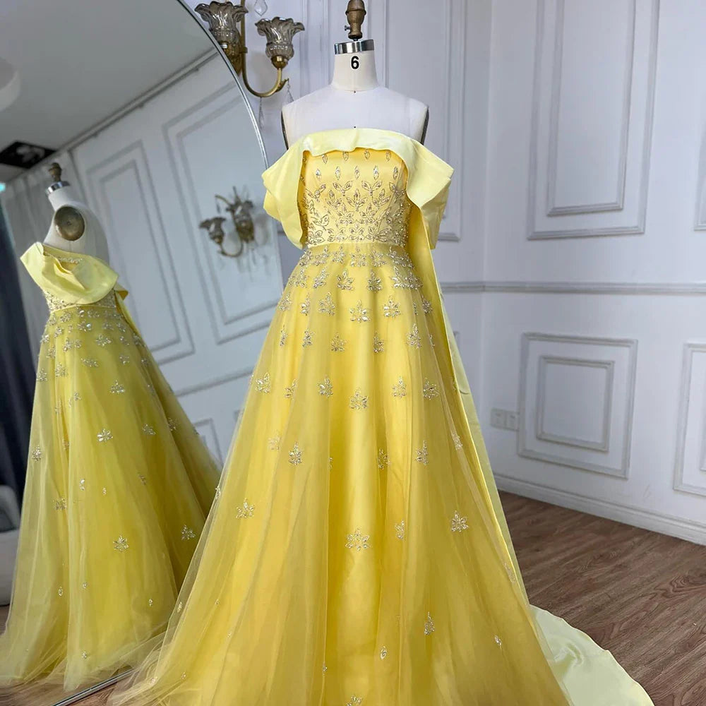 Serene Hill Luxury Dubai Arabic Yellow Elegant Boat Neck Long Evening Dress Beaded Party Gown for Women's Wedding LA72531