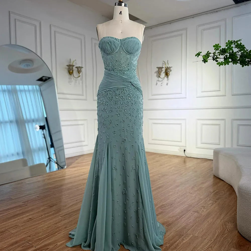Luxury Turquoise Strapless Beaded Evening Dress with Gloves LA72933