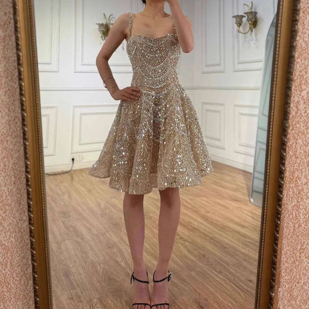 Luxury Nude Crystal Beaded A-Line Short Cocktail Party Dress LA72983