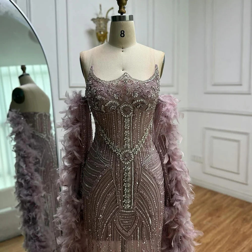 Luxury Caramel Beaded Evening Dress with Feather Sleeves LA73055