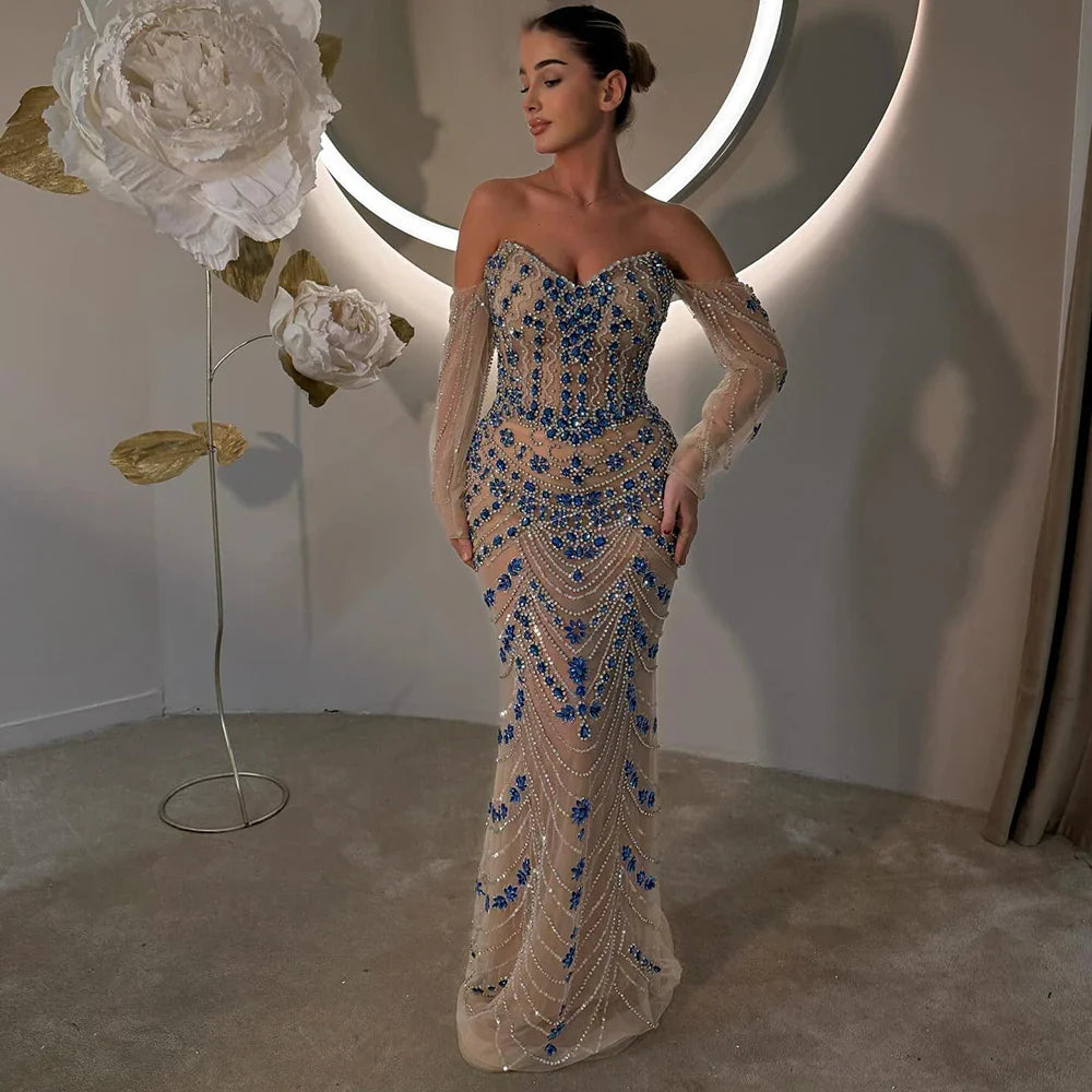 Luxury Blue Beaded Mermaid Evening Dress LA72858