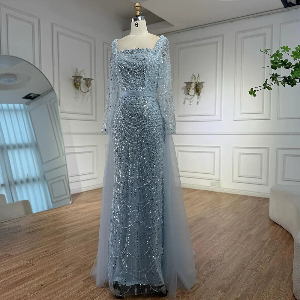 Blue Square Evening Dress With Long Sleeve Plus Size LA72032N