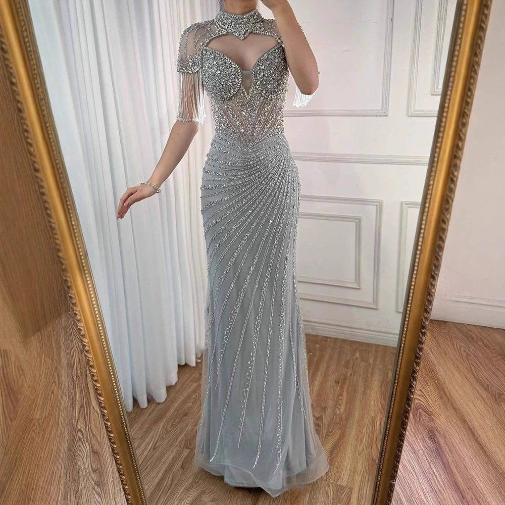 Luxury Pink Beaded Tassel Mermaid Evening Dress Long Gown LA73184