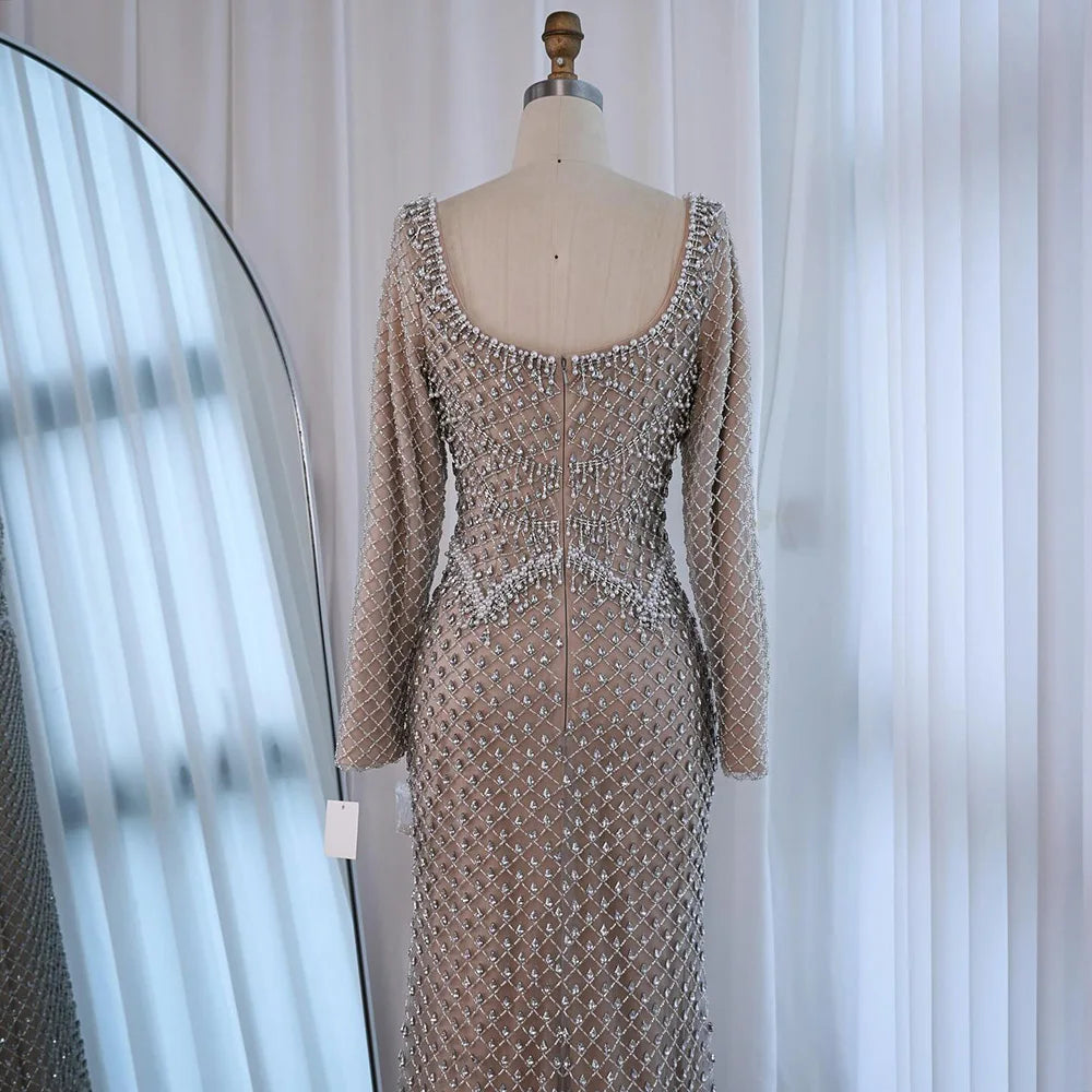 Modest Pearl Beaded Mermaid Evening Dress with Long Sleeves LA72919A