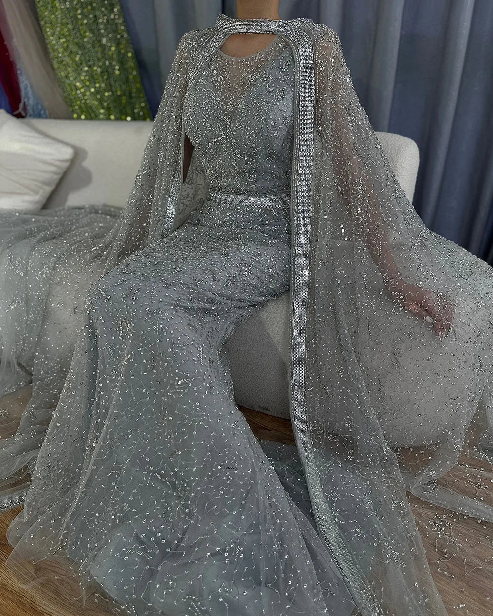 Luxury Gray Arabic Mermaid Evening Dress with Cape LA72180