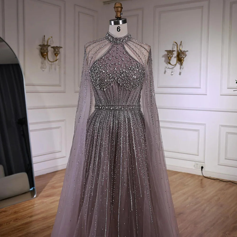 Luxury Beaded A-Line Evening Dress with Cape Sleeves LA73054