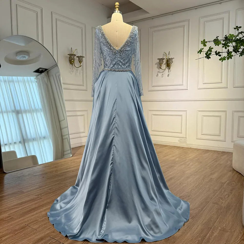 Luxury Muslin Blue hijab Evening Dress With Long Sleeves LA72963