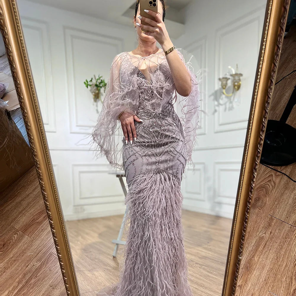 Luxury Caramel Feather Beaded Mermaid Evening Dress LA71866