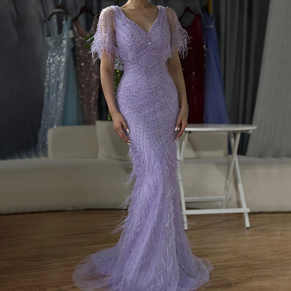 Dubai Feathers Brown Mermaid Evening Dresses LA71323