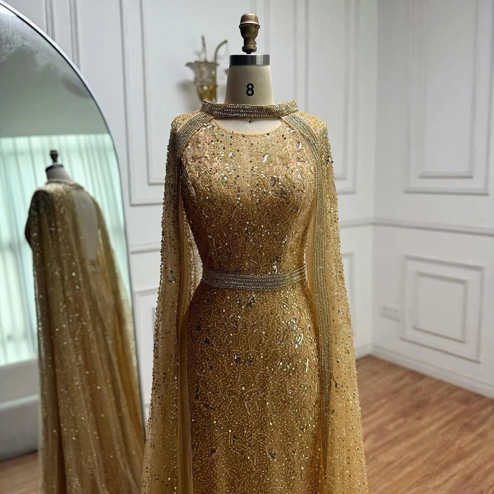Luxury Gray Arabic Mermaid Evening Dress with Cape LA72180