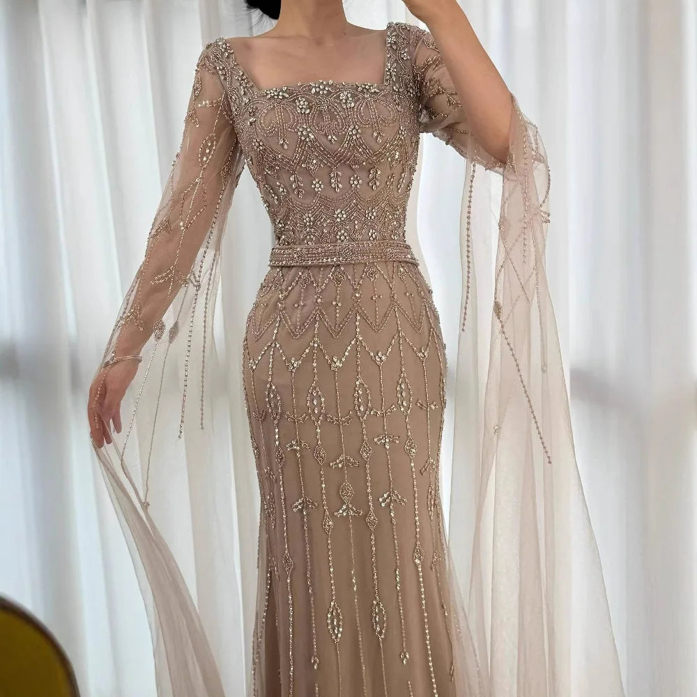 Luxury Arabic Caramel Beaded Evening Dress with Cape Sleeves LA72966A