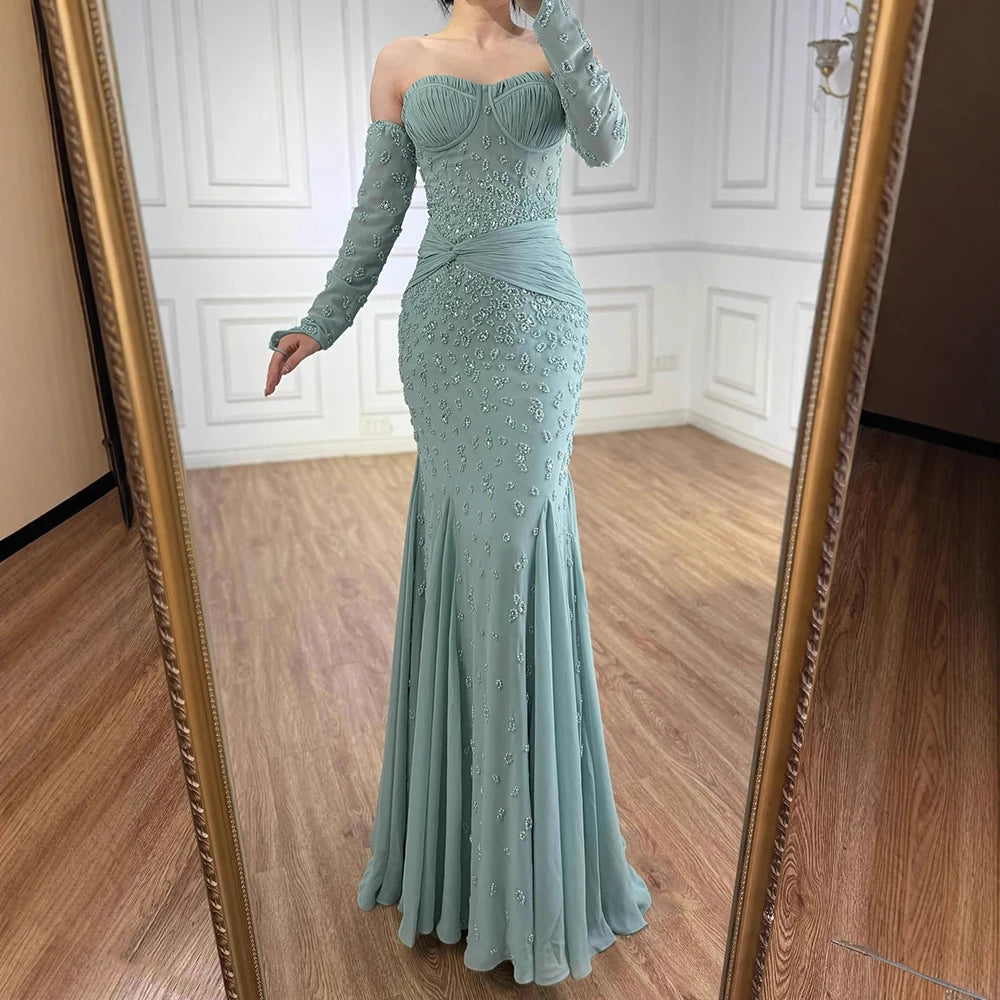 Luxury Turquoise Strapless Beaded Evening Dress with Gloves LA72933