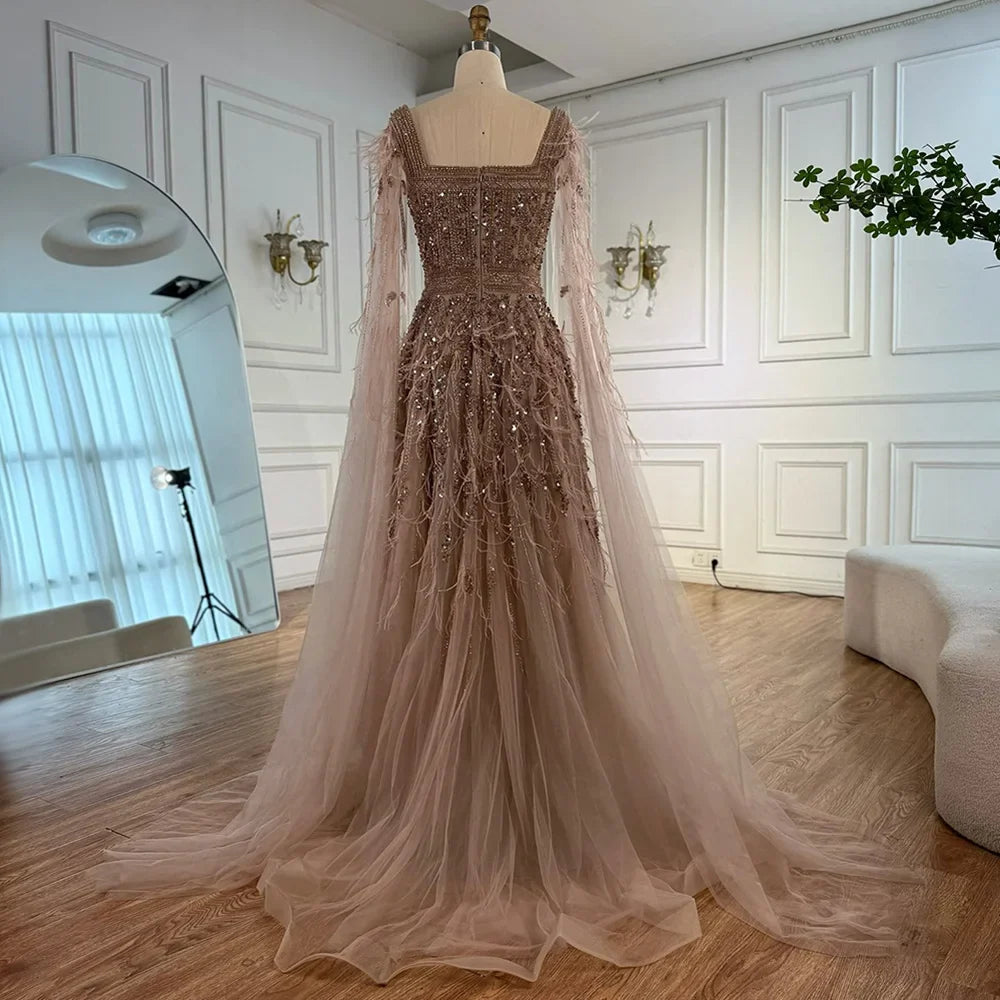 Elegant Blue Beaded Feather A-Line Evening Dress With Cape LA73043